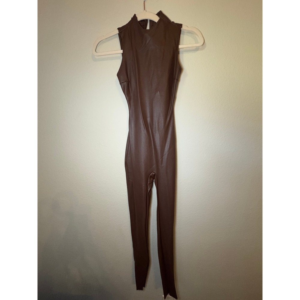 Sleeveless Mock Neck Jumpsuit Brown Faux Leather Bodysuit Catsuit
